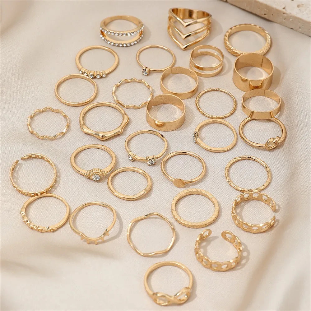 Conjunto de 30 Uds. De anillos de perlas de imitación de circón geométricos de 8 formas de Color dorado de tendencia de lujo para mujer, conjunto de varias piezas para dedo, joyería con dijes - CR mark