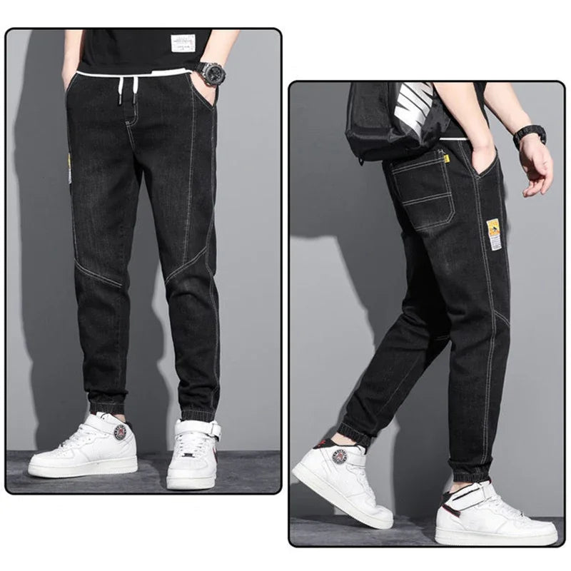 Men's stretch jeans with drawstring, men's harem jeans with tied feet, designer cargo jeans, casual slim-leg jeans for everyday wear