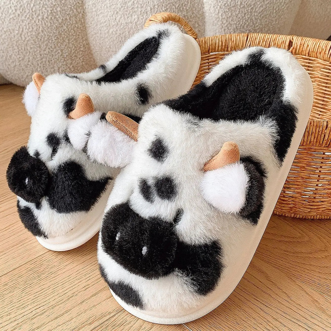 Pallene Women's Cow Milk Furry Slippers, Winter Cartoon Fur Slippers, Soft and Cozy Plush House Shoes, Cute Furry Flip Flops for Female Bedroom