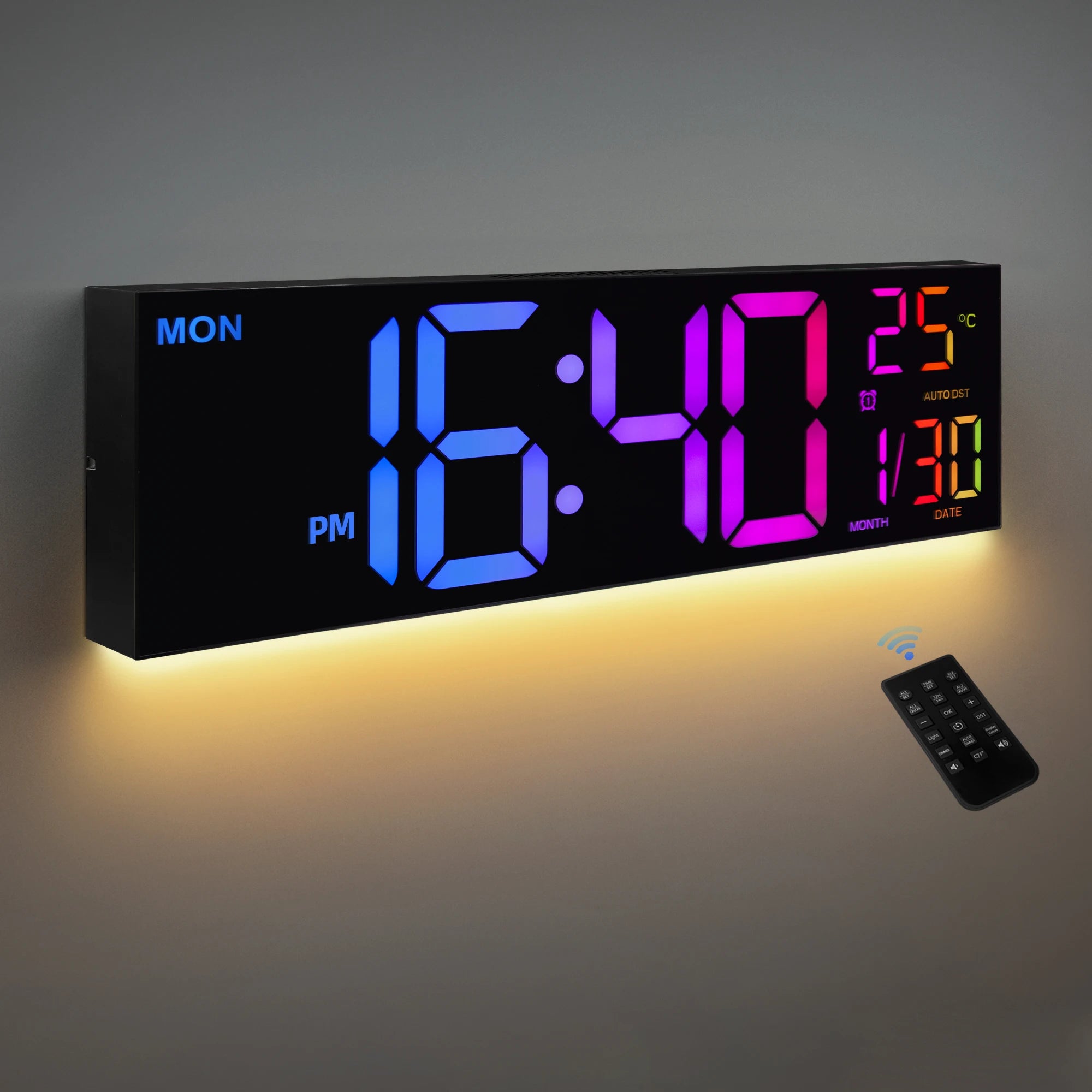 Large 16" Digital Wall Clock, Large LED Display with Remote Control, 8 RGB Colors, Alarm, DST, Temperature for Living Room, Kitchen