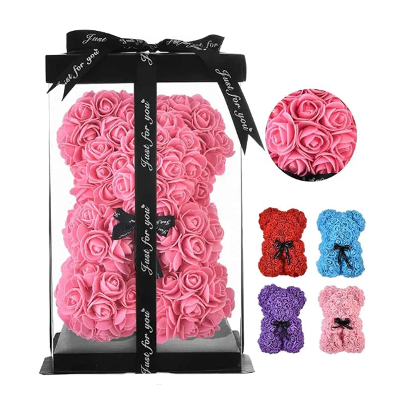 25cm Artificial Pink Flower Teddy Bear with Box, Romantic Valentine's Day Gift, Wedding and Anniversary Party Supplies for Girlfriend and Woman