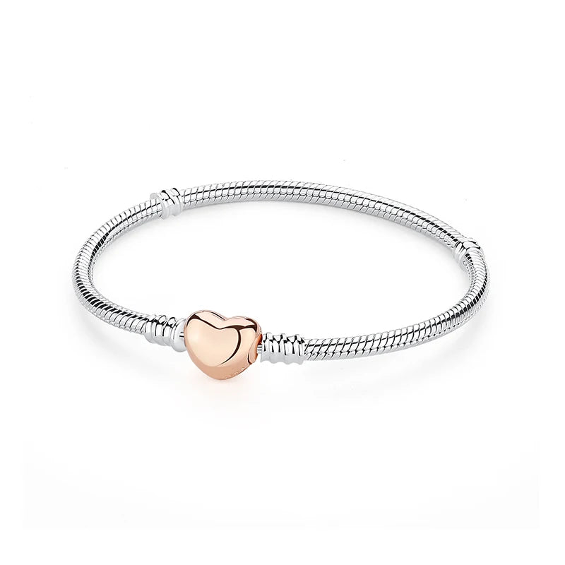 Genuine 925 sterling silver bracelets, love heart clip bangles, beads, snake chains for women, DIY rose gold luxury jewelry