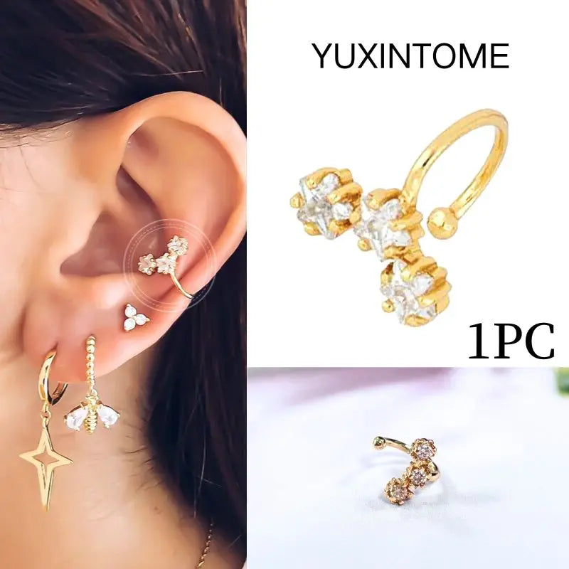 Pendientes chapados en oro de 24K para mujer, aretes con Clip de piedra de circón de cristal, joyería de lujo en forma de C, bisutería, 1 ud. - CR mark