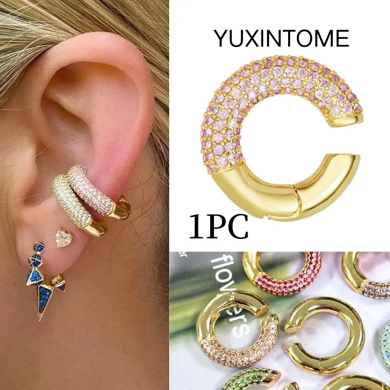 Pendientes chapados en oro de 24K para mujer, aretes con Clip de piedra de circón de cristal, joyería de lujo en forma de C, bisutería, 1 ud. - CR mark
