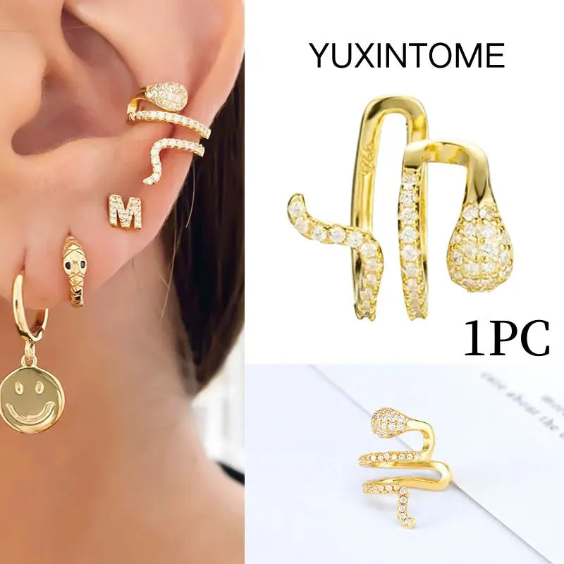 Pendientes chapados en oro de 24K para mujer, aretes con Clip de piedra de circón de cristal, joyería de lujo en forma de C, bisutería, 1 ud. - CR mark
