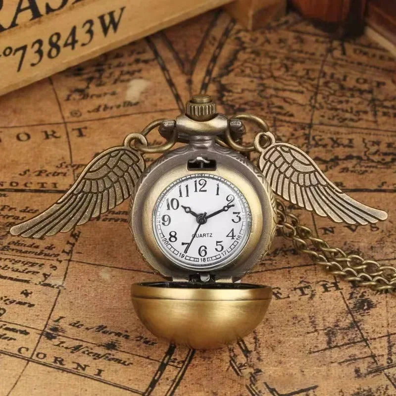 Reloj de Bolsillo de Cuarzo con Snitch Dorada de Harry Potter, Reloj de Bolsillo Vintage con Alas de Ángel y Collar, Juguetes para Niños, Accesorios de Joyería