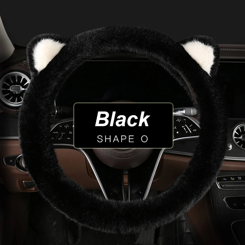 Car Steering Wheel Protector, Universal, Non-Slip, Plush Cat Ears, Warm Steering Wheel Cover, 38cm, Cute Pink Shape OD