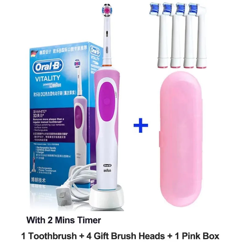 Oral-B electric toothbrush with 2D rotating vibration, cleaning, charging, cross-bristle design, oral care, 4 free brush heads included