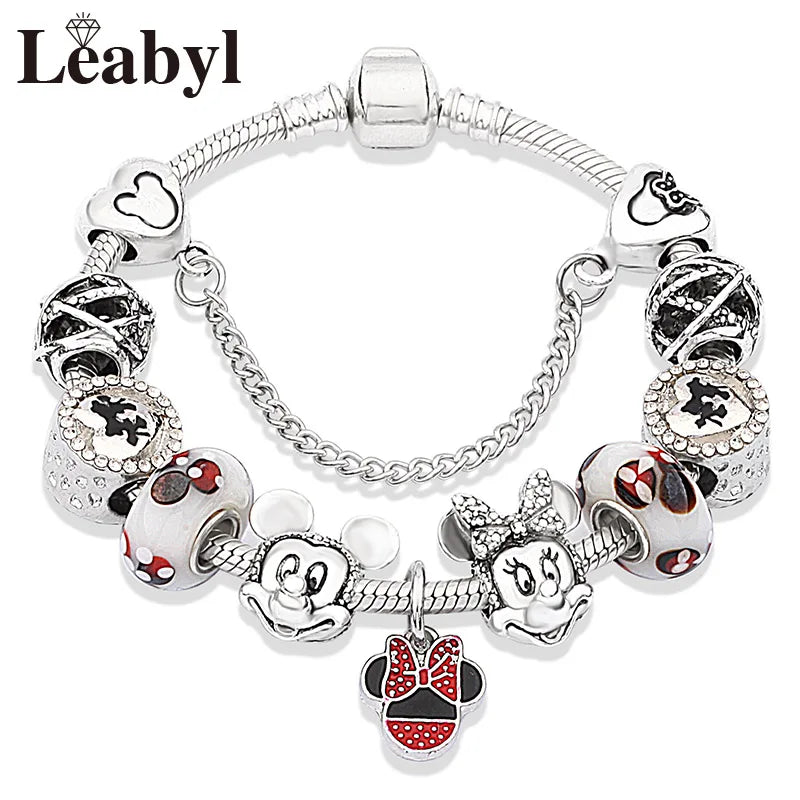 Beautiful pink crystal Disney Mickey and Minnie charm bracelet, silver-tone heart bead bracelet for women and girls, fashionable jewelry gift