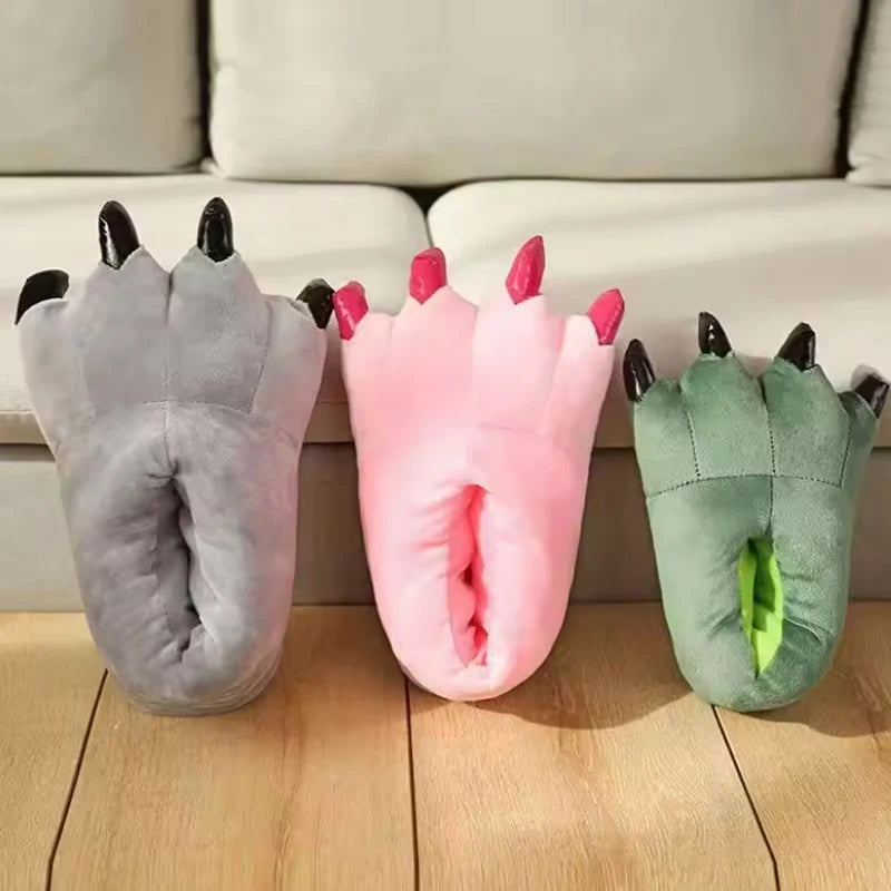 Soft and warm indoor slippers for men and women, paw print shoes, funny animal, Christmas monster, dinosaur claw, random plush lining for home, winter