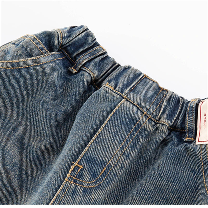 Vintage Blue Loose Fit Curved Jeans for Boys, Stylish Teen Wide Leg Jeans, Fashionable Casual Loose Jeans for Kids