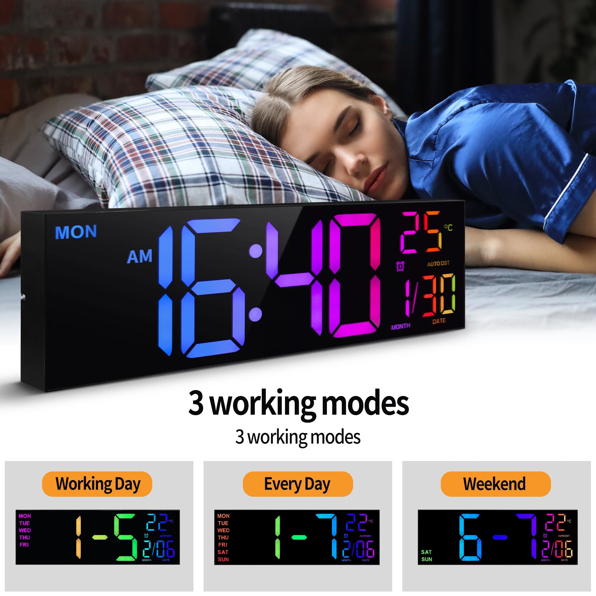 Large 16" Digital Wall Clock, Large LED Display with Remote Control, 8 RGB Colors, Alarm, DST, Temperature for Living Room, Kitchen