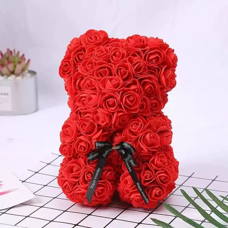 25cm Artificial Pink Flower Teddy Bear with Box, Romantic Valentine's Day Gift, Wedding and Anniversary Party Supplies for Girlfriend and Woman