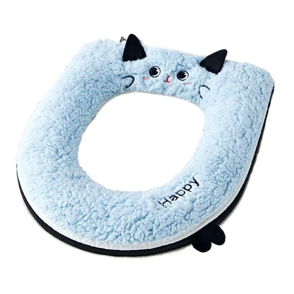 Thick Velvet Toilet Seat Cover, Universal, with Cartoon Cat Design, Waterproof, Zippered, Removable, Warm and Thick