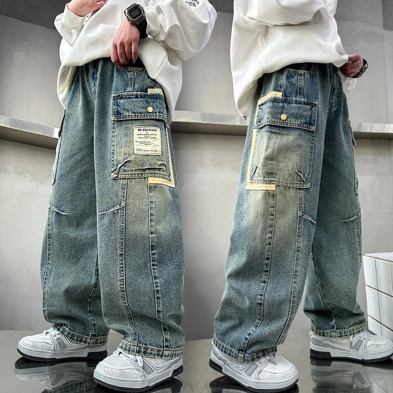 New design, relaxed fit straight leg cargo jeans for teen boys, loose jeans with pocket, casual pants for kids