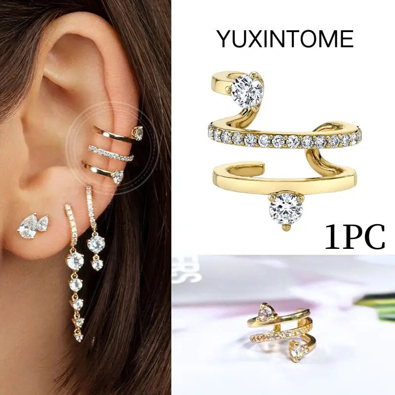 Pendientes chapados en oro de 24K para mujer, aretes con Clip de piedra de circón de cristal, joyería de lujo en forma de C, bisutería, 1 ud. - CR mark