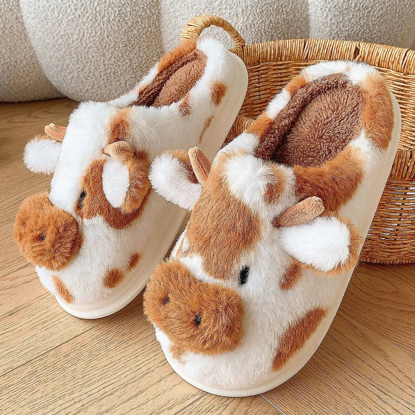 Pallene Women's Cow Milk Furry Slippers, Winter Cartoon Fur Slippers, Soft and Cozy Plush House Shoes, Cute Furry Flip Flops for Female Bedroom