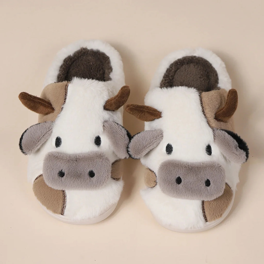 Pallene Women's Cow Milk Furry Slippers, Winter Cartoon Fur Slippers, Soft and Cozy Plush House Shoes, Cute Furry Flip Flops for Female Bedroom