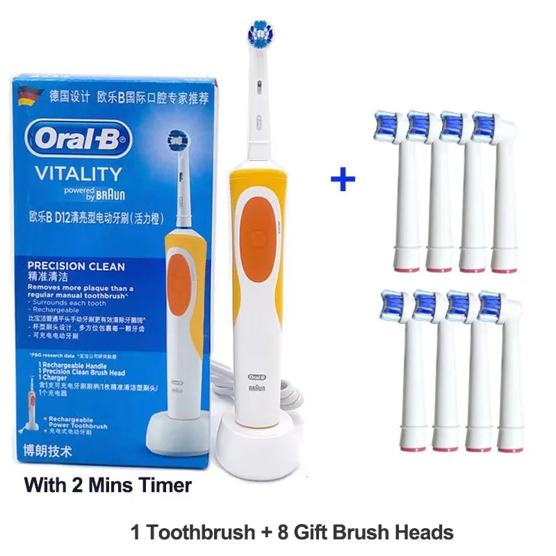 Oral-B electric toothbrush with 2D rotating vibration, cleaning, charging, cross-bristle design, oral care, 4 free brush heads included