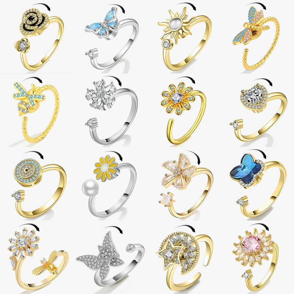 SMJEL Fidget Spinner anillo ansiedad para mujeres múltiples flores de cristal ojo mariposa Animal anillo giratorio Anti estrés joyería de boda - CR mark