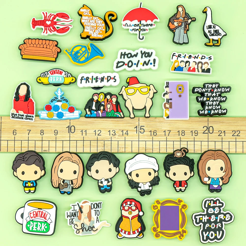 1-28 Pcs PVC Friends Shoe Charms for Women and Men Rachel Monica, Classic American Movie Clog Buckles for Sandals, Shoe Decoration Pins
