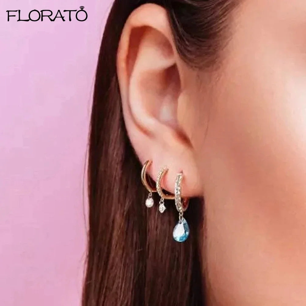 Pendientes de aro con colgante de gota de agua para mujer, aretes de plata 925, Piercing de circonita cúbica colorida, joyería de tendencia 2023, venta al por mayor - CR mark