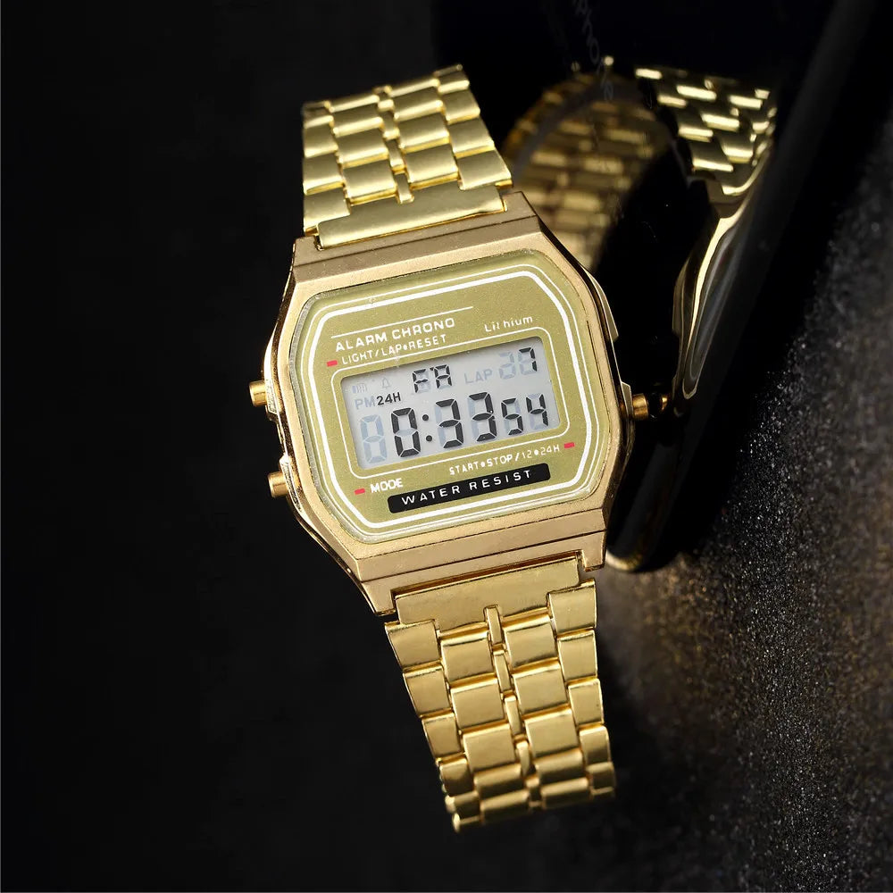Elegant Digital Watch for Women, Gold and Silver Stainless Steel Electronic Wristwatches for Women, Zegarek Damski Men's Watch