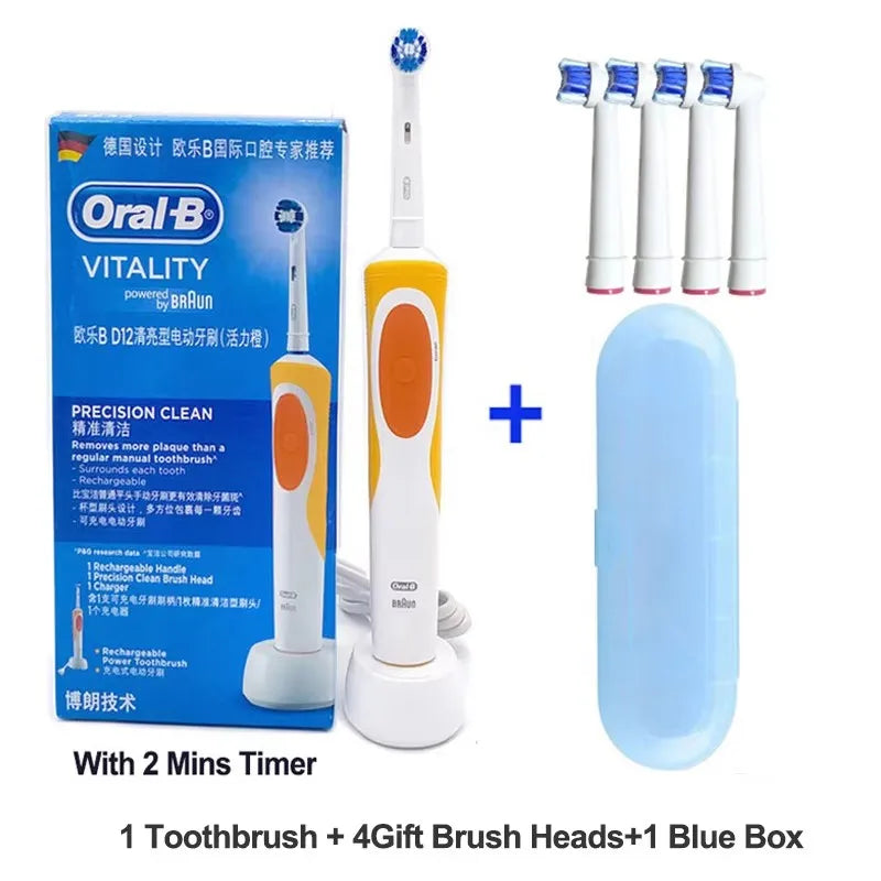 Oral-B electric toothbrush with 2D rotating vibration, cleaning, charging, cross-bristle design, oral care, 4 free brush heads included