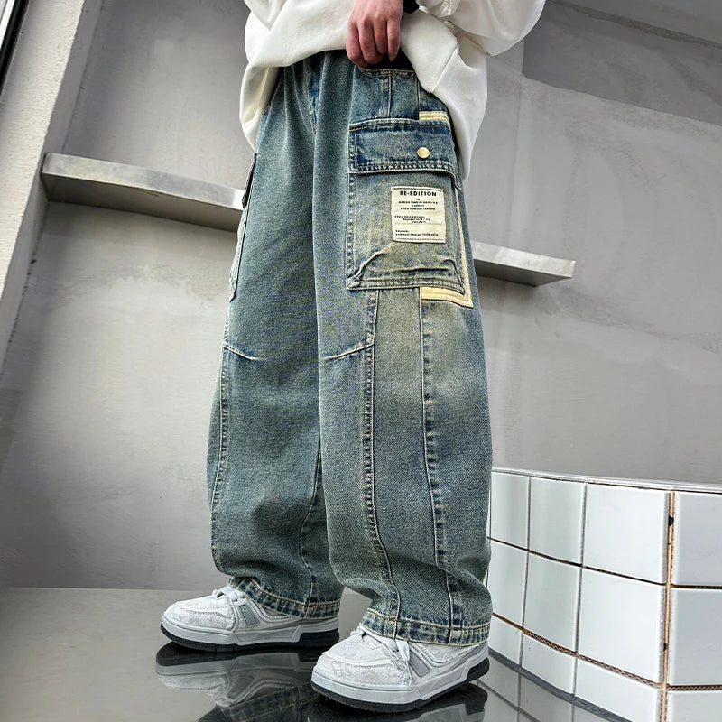 New design, relaxed fit straight leg cargo jeans for teen boys, loose jeans with pocket, casual pants for kids