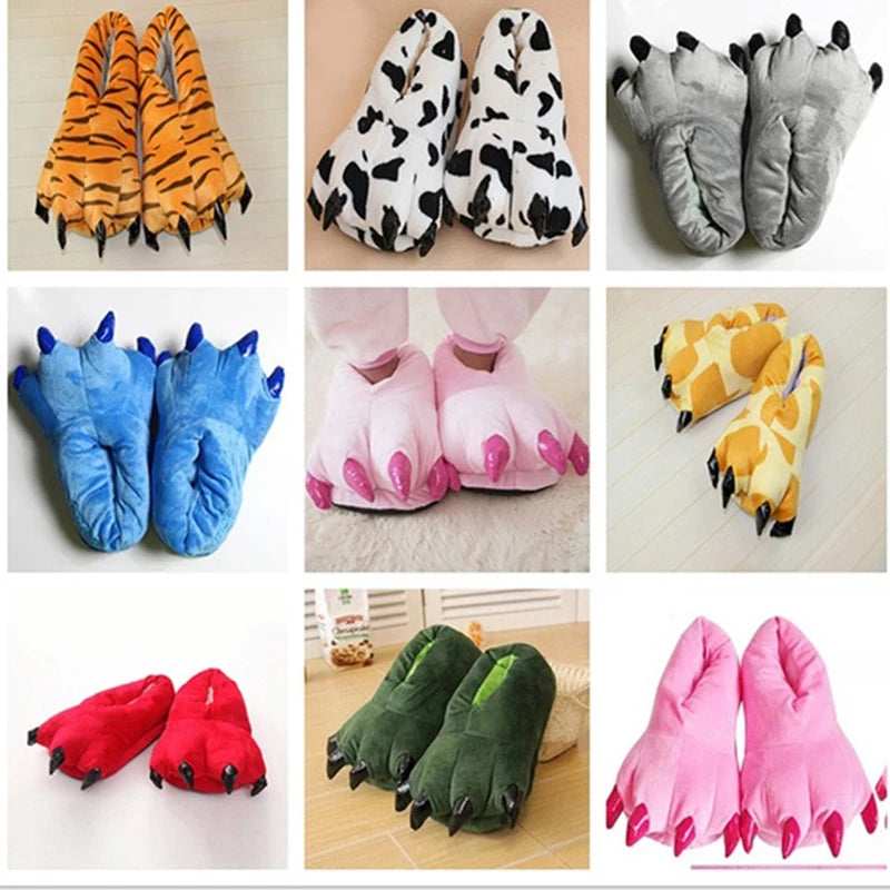 Soft and warm indoor slippers for men and women, paw print shoes, funny animal, Christmas monster, dinosaur claw, random plush lining for home, winter