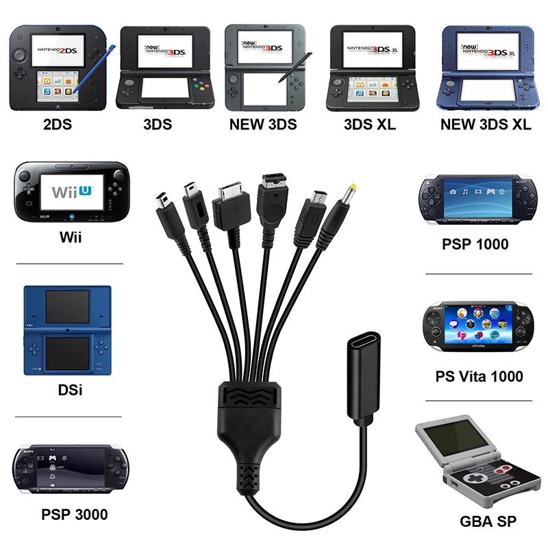 Cable de carga de juego USB 6 en 1 para NDS Lite / Wii U / Nuevo cables de cargador 3DS XL LL /2DS / GBA SP / PSP / PSV