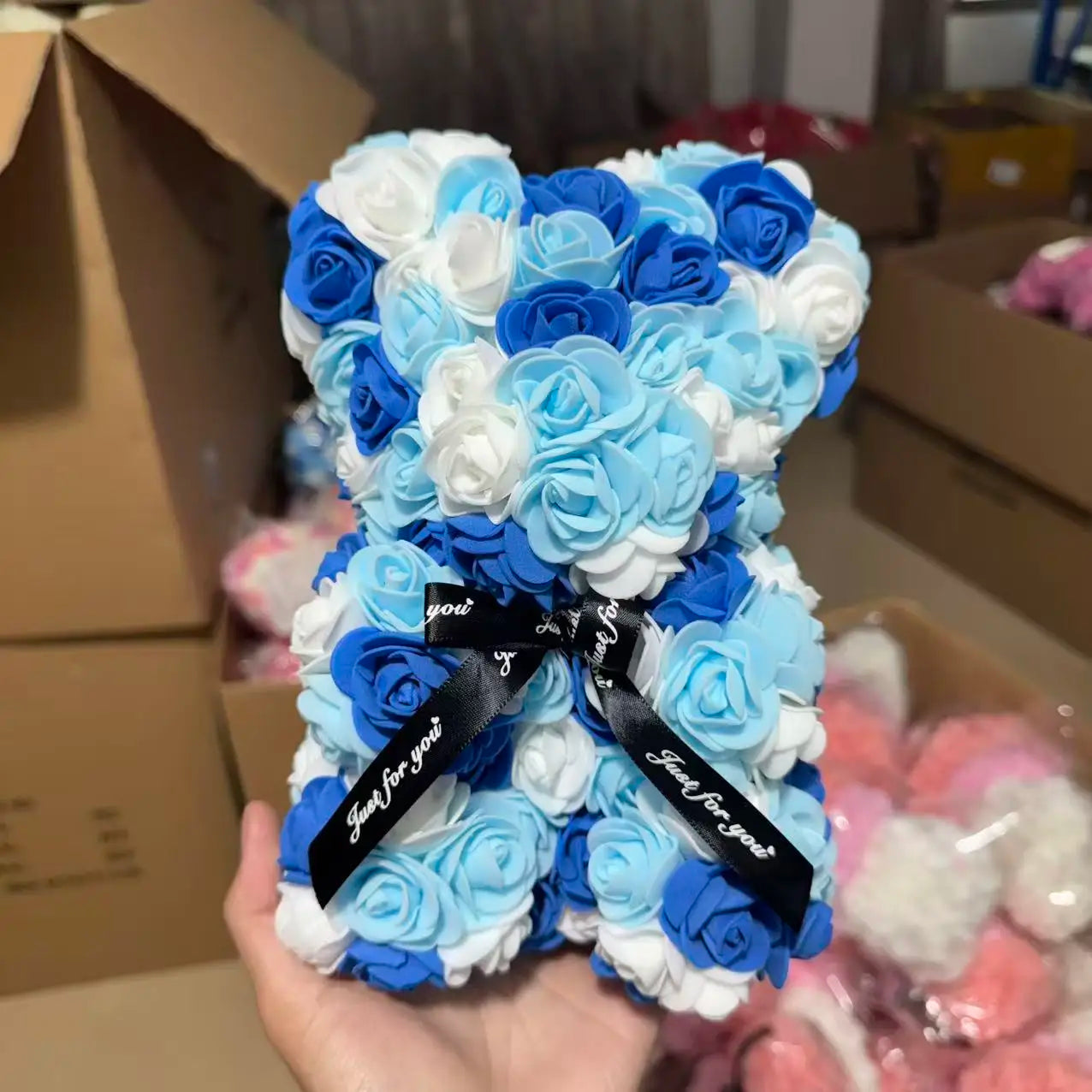 25cm Artificial Pink Flower Teddy Bear with Box, Romantic Valentine's Day Gift, Wedding and Anniversary Party Supplies for Girlfriend and Woman