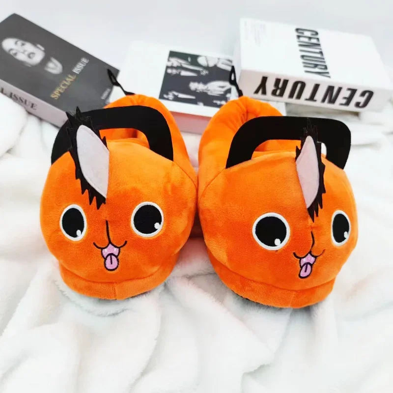 Pochita Plush Slippers for Men and Women, Anime Chainsaw Shoes, Pochita Soft Orange Dog Stuffed Animal for Adults, Christmas Gift
