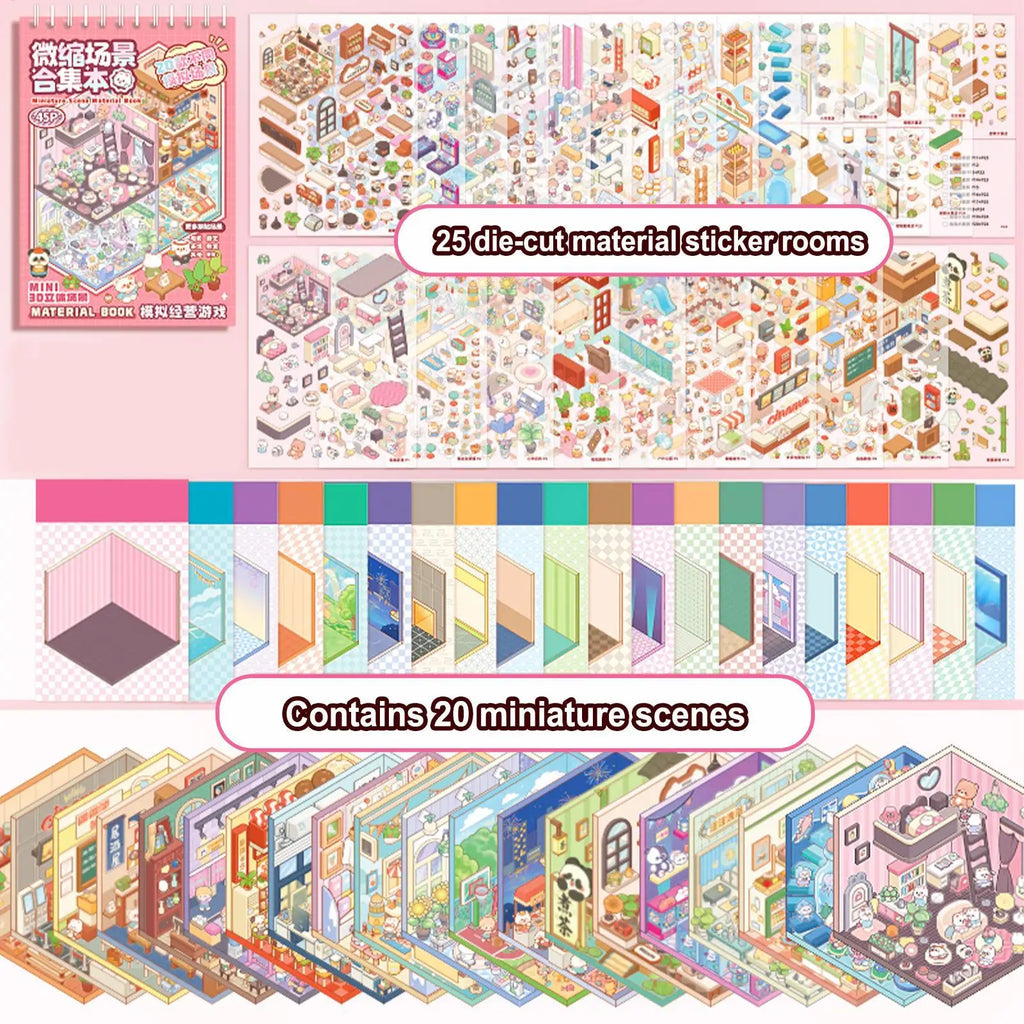 45 Pcs. Miniature Scenes, Cartoon Landscape Sticker Book, DIY 3D Stickers, Cabin Scenes, Back to School Gifts for Kids