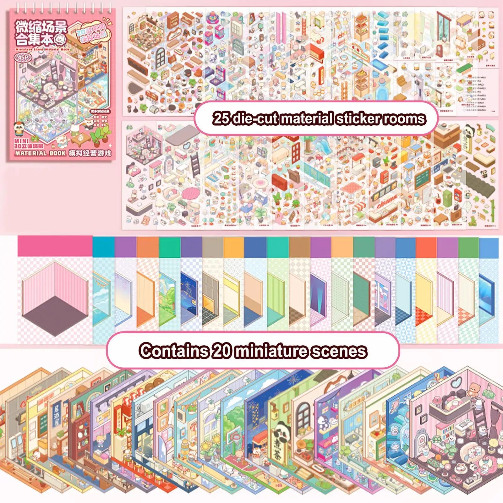 45 Pcs. Miniature Scenes, Cartoon Landscape Sticker Book, DIY 3D Stickers, Cabin Scenes, Back to School Gifts for Kids