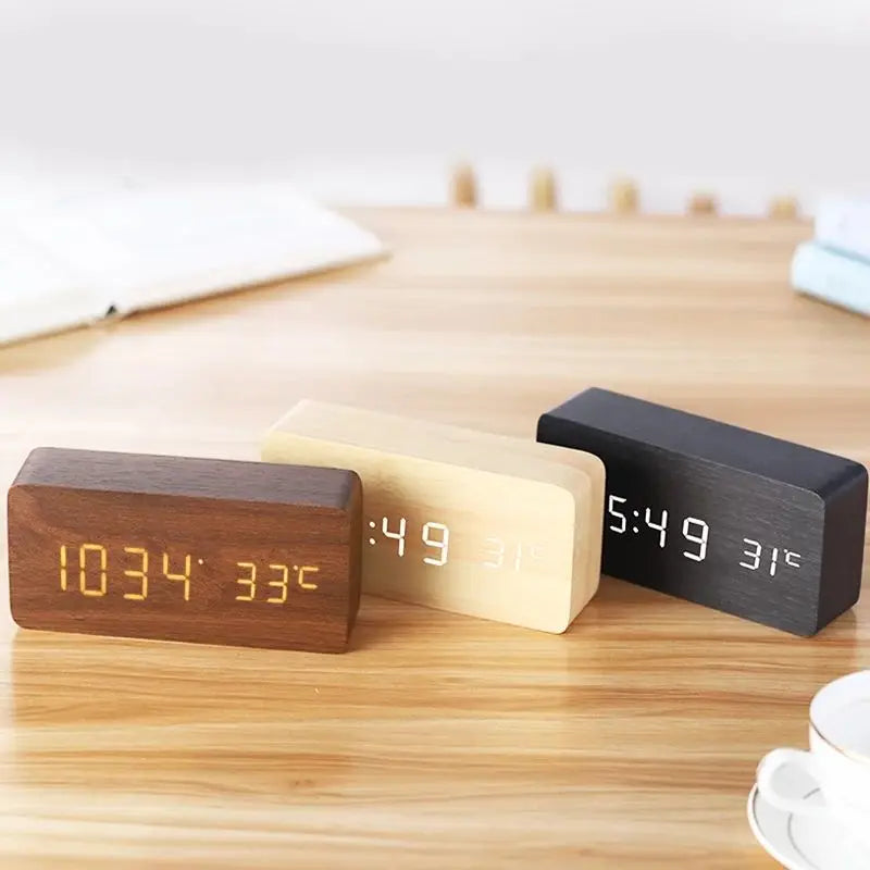Reloj despertador digital de madera, despertador LED con relojes de escritorio de temperatura para oficina, reloj de noche