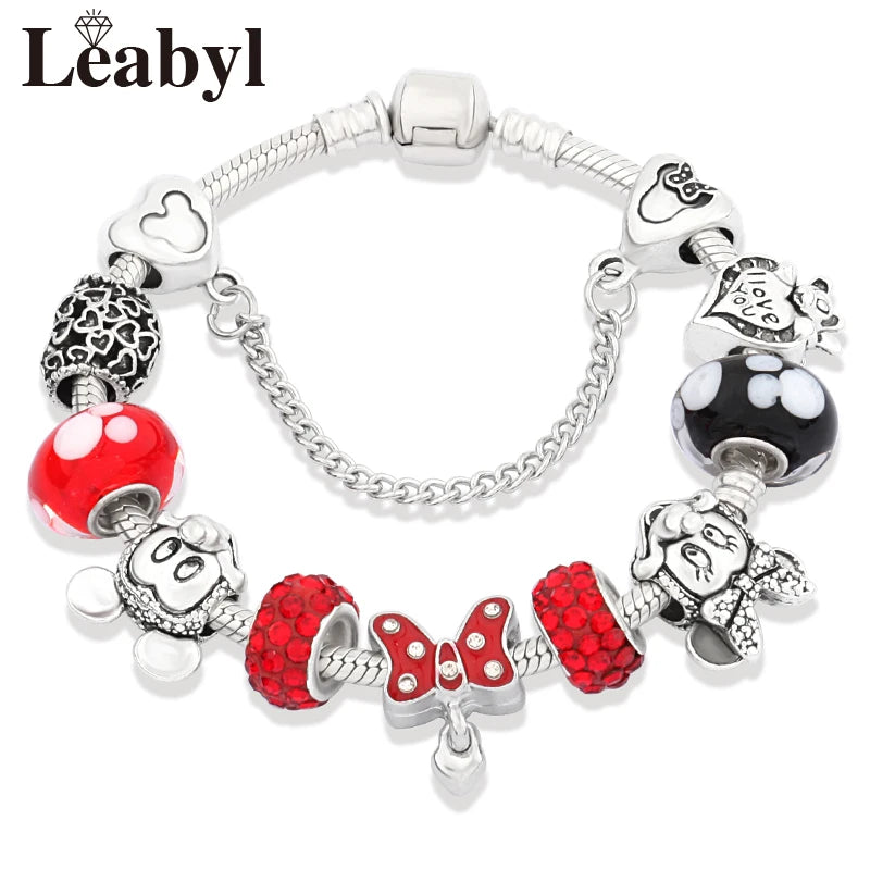 Beautiful pink crystal Disney Mickey and Minnie charm bracelet, silver-tone heart bead bracelet for women and girls, fashionable jewelry gift