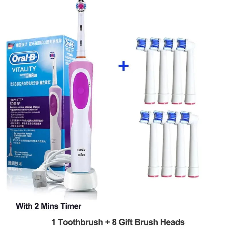 Oral-B electric toothbrush with 2D rotating vibration, cleaning, charging, cross-bristle design, oral care, 4 free brush heads included