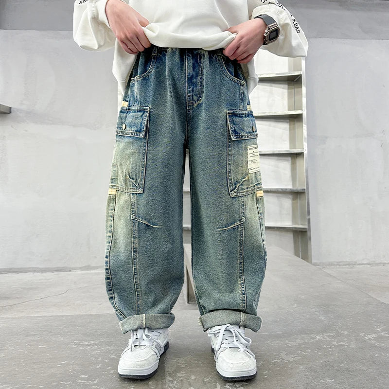 New design, relaxed fit straight leg cargo jeans for teen boys, loose jeans with pocket, casual pants for kids