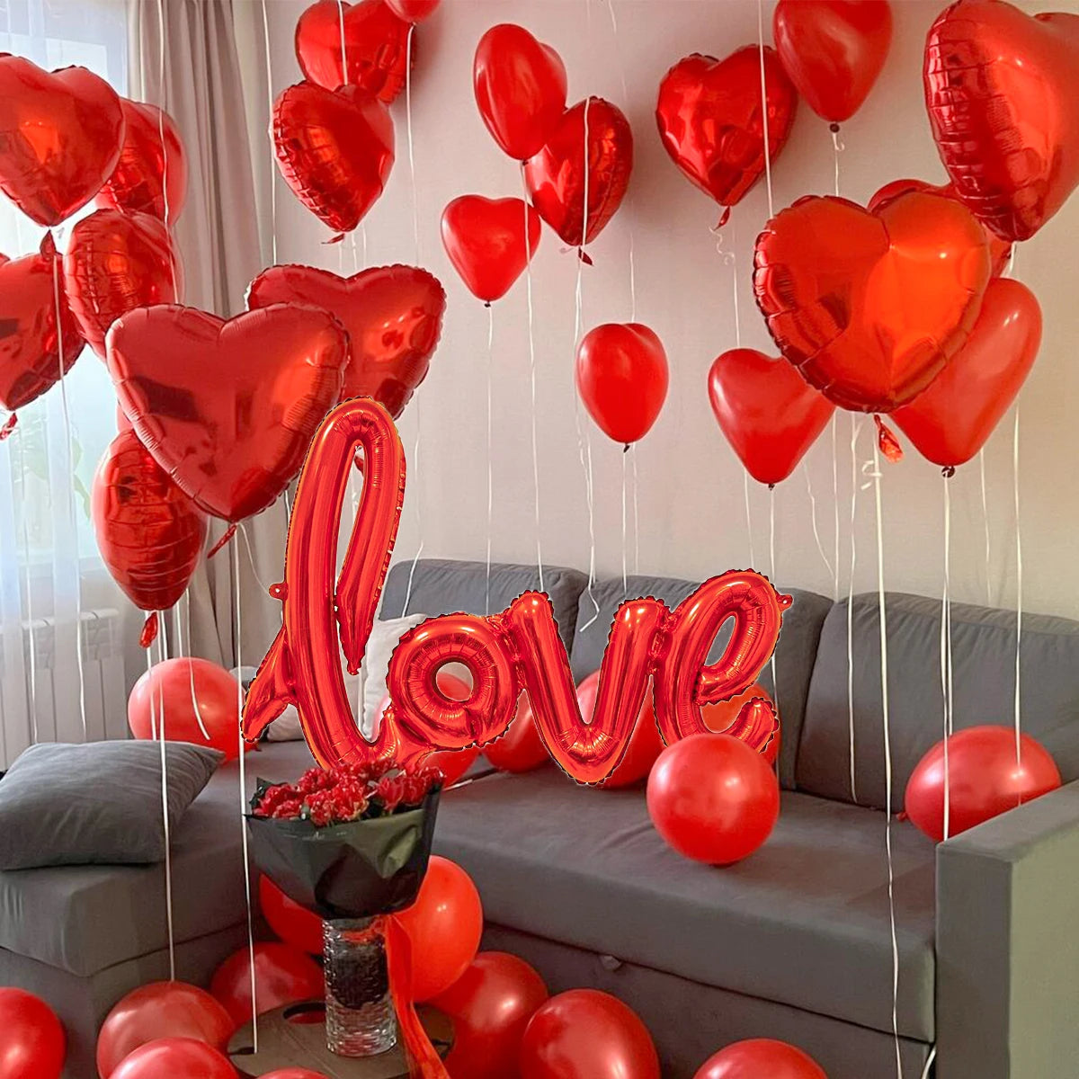 Red "love" letter balloon set, 407 pieces, 18-inch heart-shaped balloon, rose petals, Valentine's Day party, anniversary decoration