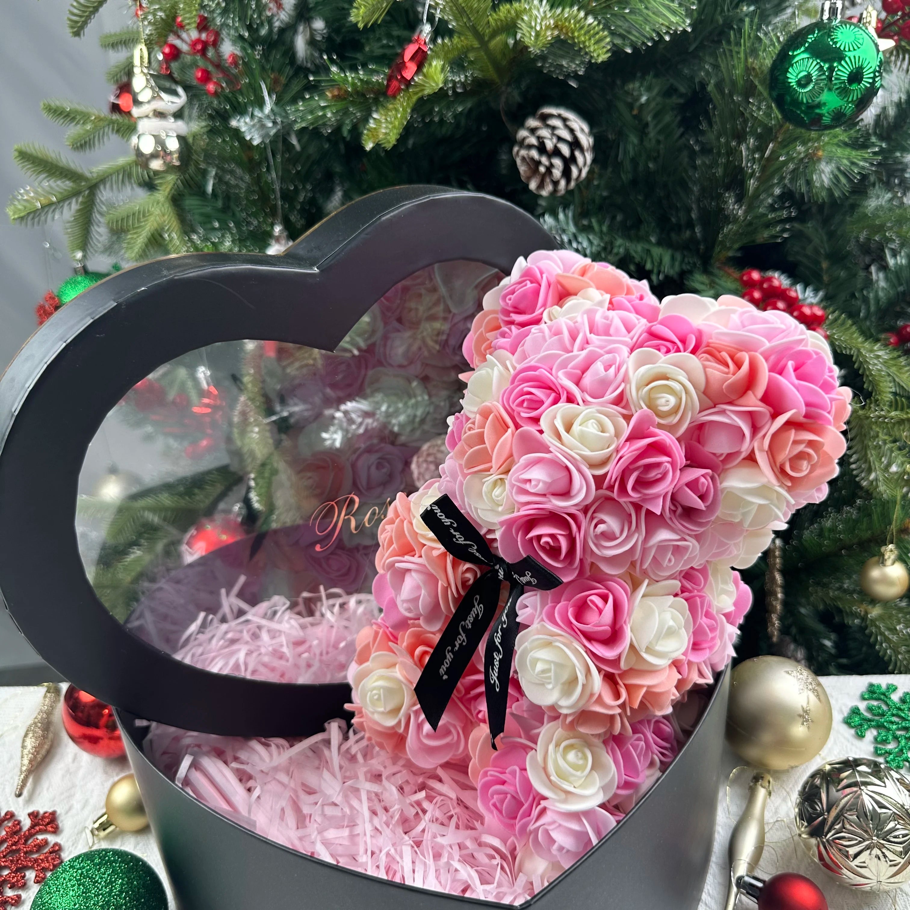 25cm Artificial Pink Flower Teddy Bear with Box, Romantic Valentine's Day Gift, Wedding and Anniversary Party Supplies for Girlfriend and Woman
