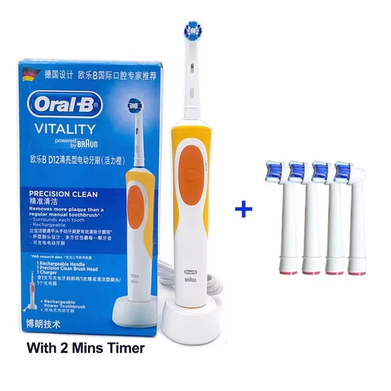 Oral-B electric toothbrush with 2D rotating vibration, cleaning, charging, cross-bristle design, oral care, 4 free brush heads included