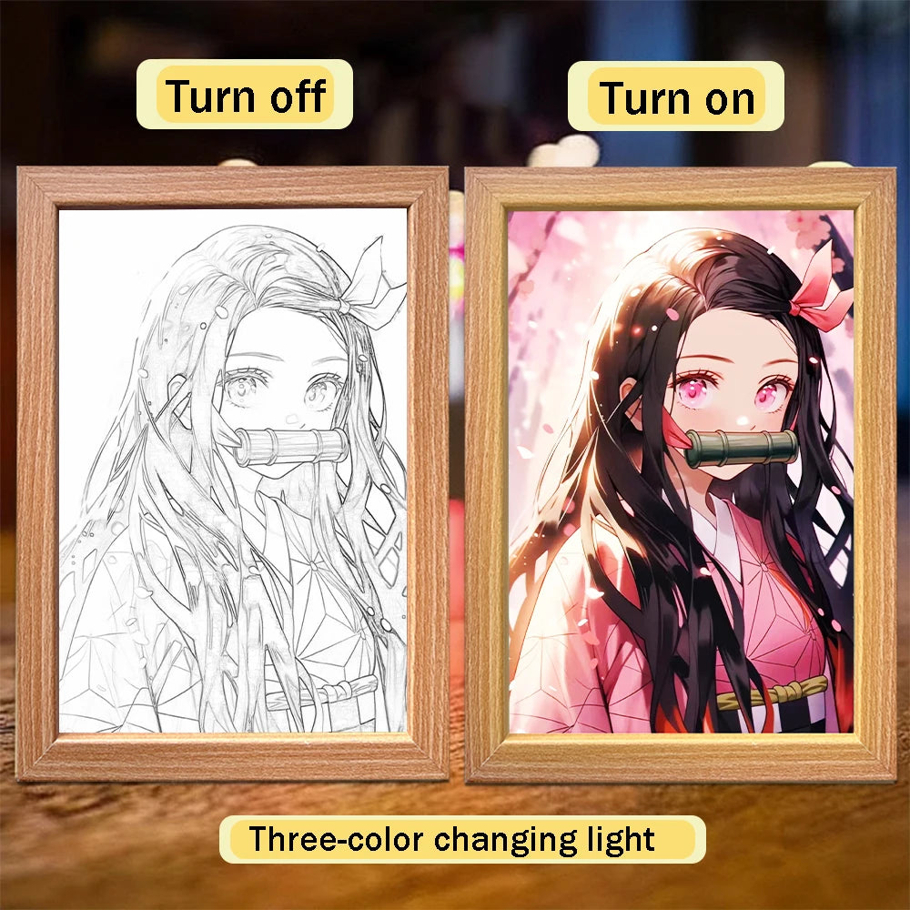 Figuras de acción de Demon Slayer, pintura ligera, marco de fotos, Tanjirou Nezuko, figura de luz nocturna Led, regalos Kimetsu No Yaiba - CR mark