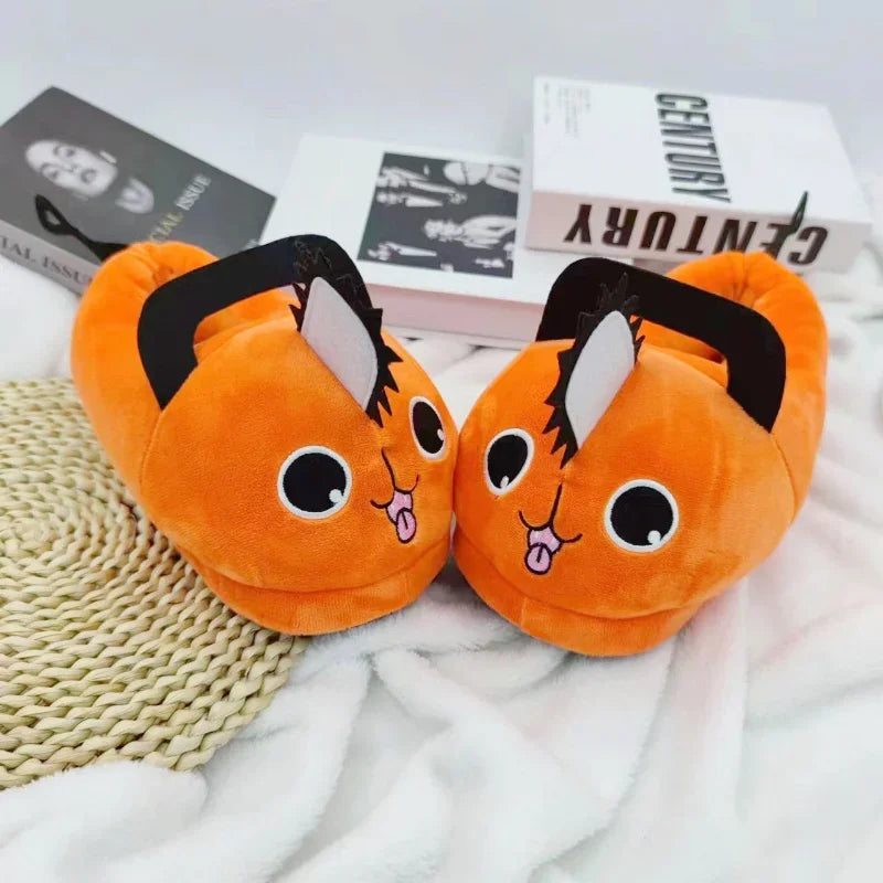 Pochita Plush Slippers for Men and Women, Anime Chainsaw Shoes, Pochita Soft Orange Dog Stuffed Animal for Adults, Christmas Gift