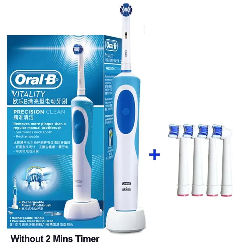 Oral-B electric toothbrush with 2D rotating vibration, cleaning, charging, cross-bristle design, oral care, 4 free brush heads included