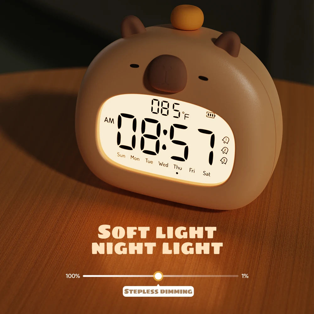Reloj LED junto a la cama, despertador para niños, entrenador de sueño para niños, pantalla de temperatura con Control recargable, capibara Digital bonito