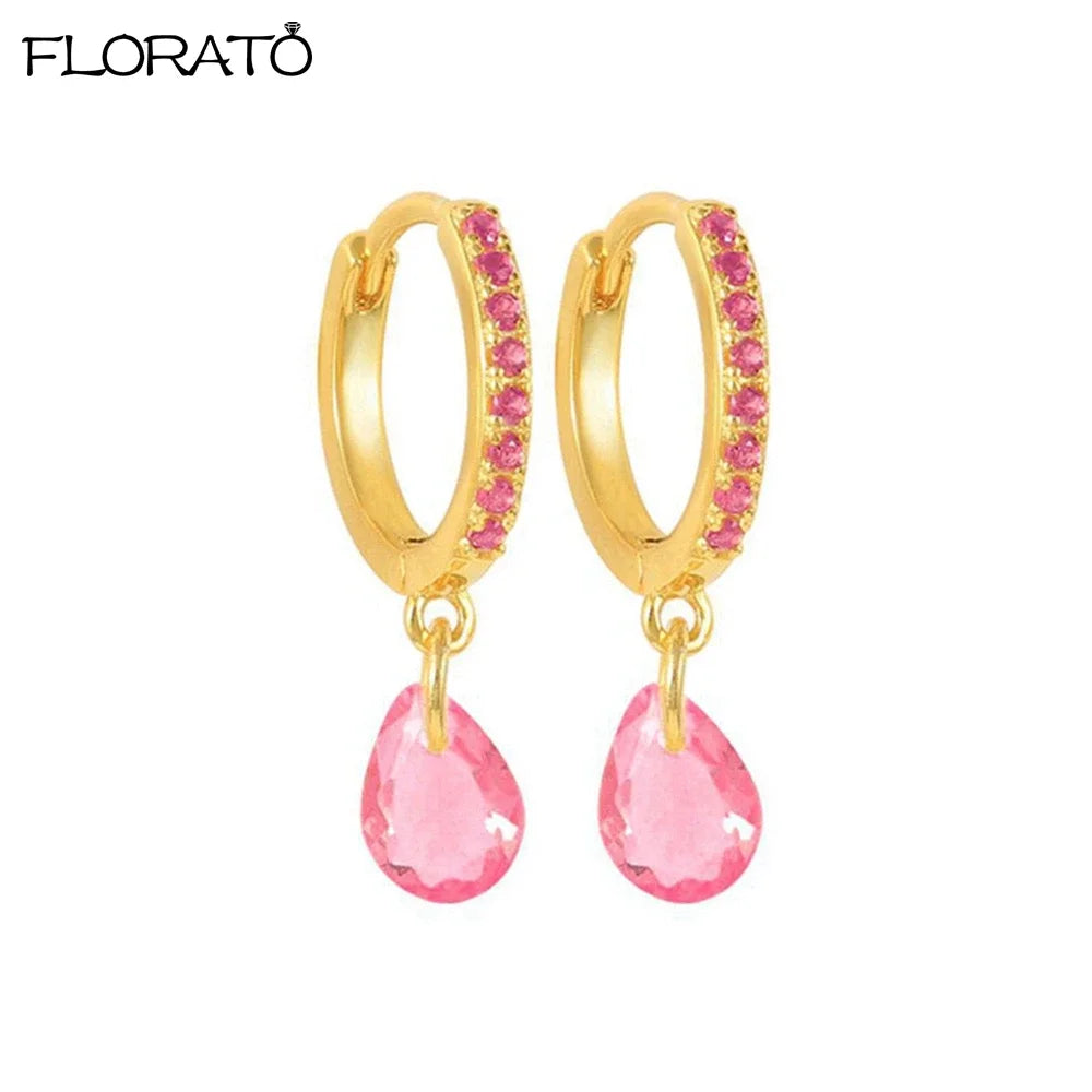 Pendientes de aro con colgante de gota de agua para mujer, aretes de plata 925, Piercing de circonita cúbica colorida, joyería de tendencia 2023, venta al por mayor - CR mark