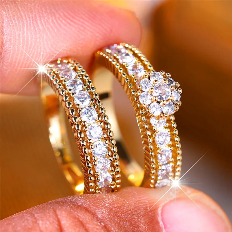 Conjunto de anillos redondos blancos de lujo para mujer, joyería de compromiso de Color oro amarillo a la moda, regalo de boda para novia - CR mark