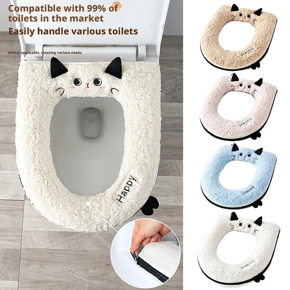 Funda de Terciopelo Grueso para Asiento de Inodoro, Universal, con Diseño de Gato de Dibujos Animados, Impermeable, con Cremallera, Extraíble, Cálida y Gruesa