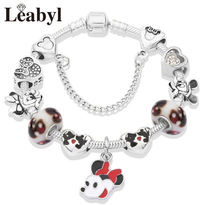 Beautiful pink crystal Disney Mickey and Minnie charm bracelet, silver-tone heart bead bracelet for women and girls, fashionable jewelry gift